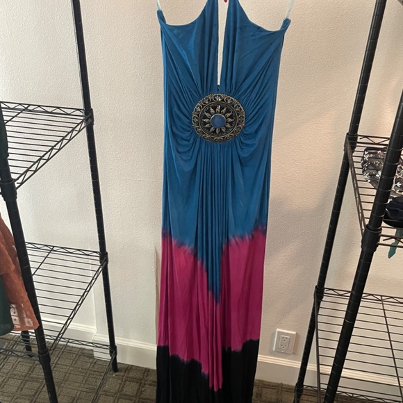 Sky blue, pink, and black Maxi Dress &feather tie - Picture 3 of 10